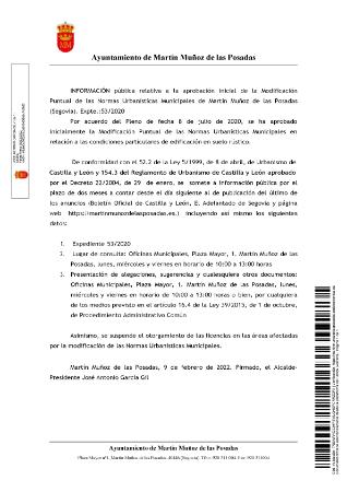 Imagen APROBACIÓN INICIAL DE LA MODIFICACIÓN PUNTUAL DE LAS NORMAS URBANÍSTICAS MUNICIPALES DE MARTÍN MUÑOZ DE LAS POSADAS