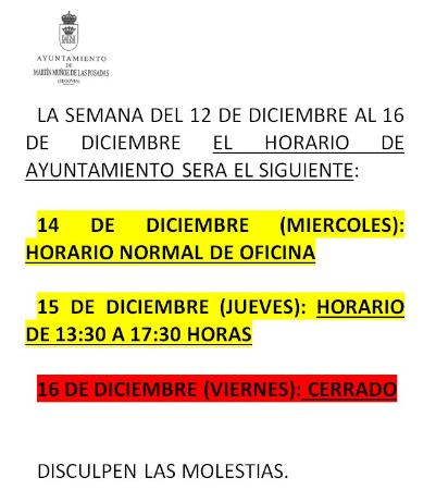 Imagen Horario del Ayuntamiento del 12 al 16 de Diciembre